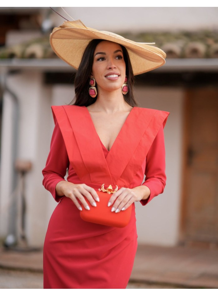 Robe d'invité midi rouge avec décolleté en V et...