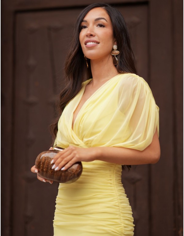 Vestido largo de invitada en tul con mangas caídas 2