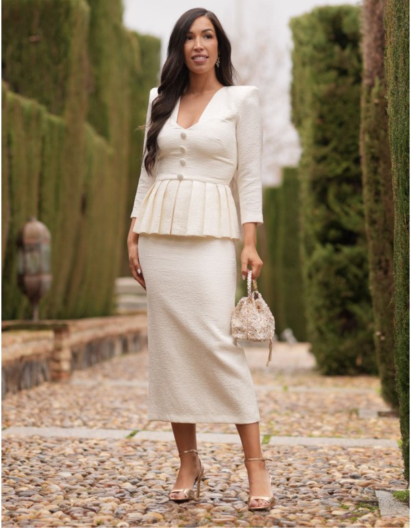 Ensemble chemisier et jupe en tweed plissé