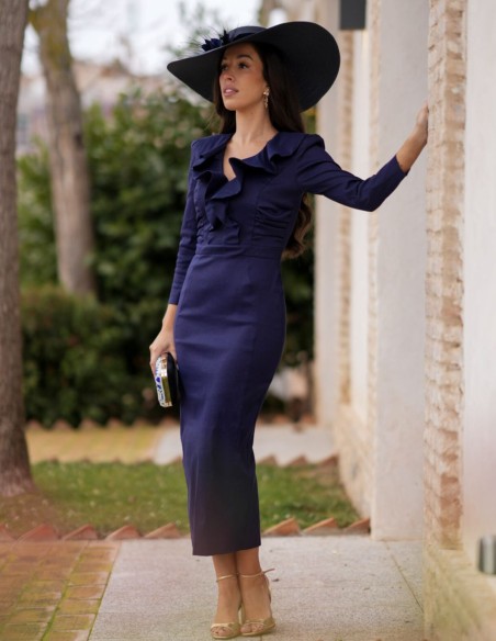 Navy blue midi guest dress with V-neckline and ruffles