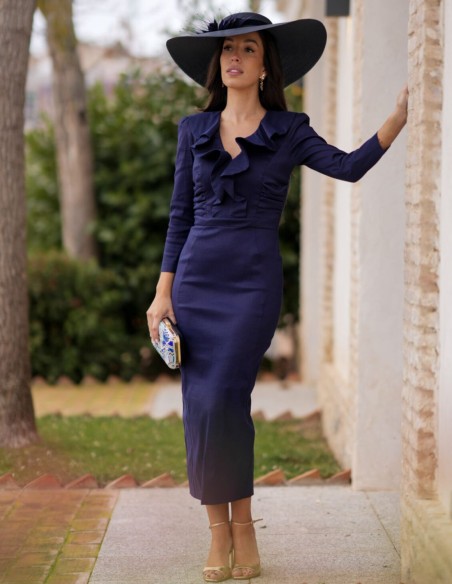 Navy blue midi guest dress with V-neckline and ruffles