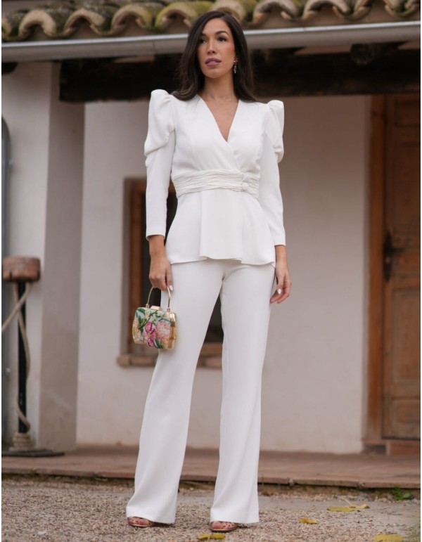Ensemble veste et pantalon deux pièces en crêpe blanc 2
