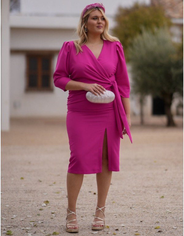 Fuchsia crepe crepe midi guest dress with crossover neckline
