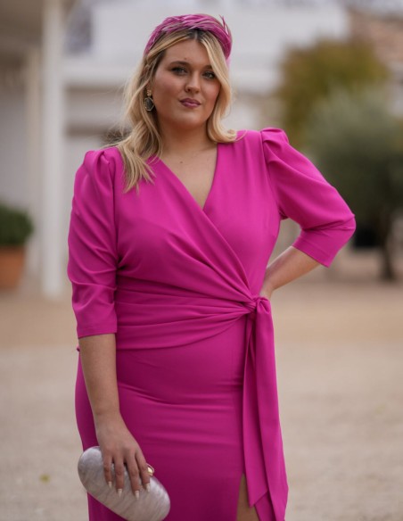 Fuchsia crepe crepe midi guest dress with crossover neckline