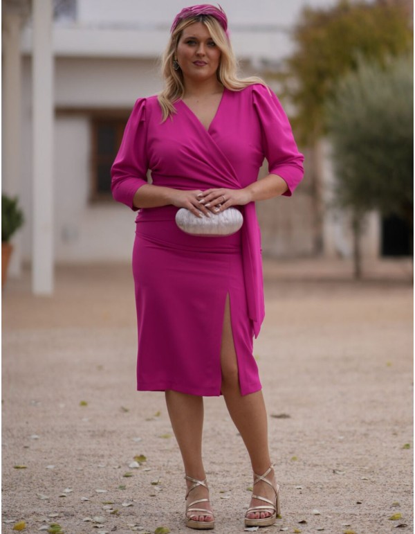 Fuchsia crepe crepe midi guest dress with crossover neckline 2