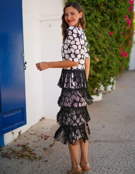 Patterned midi guest dress with fringed ruffles details