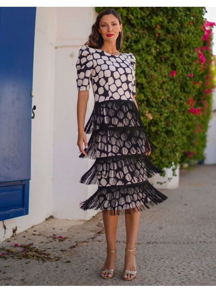 Patterned midi guest dress with fringed ruffles...