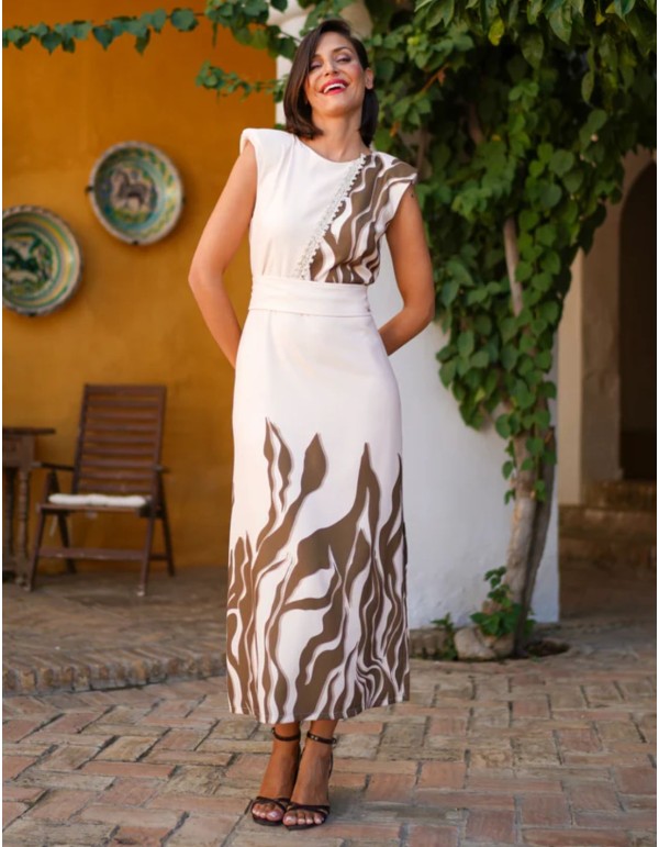 Robe d'invité midi avec détails imprimés blancs et bruns