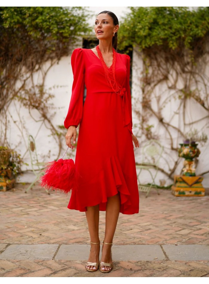 Red midi dress with flowing design and side lacing
