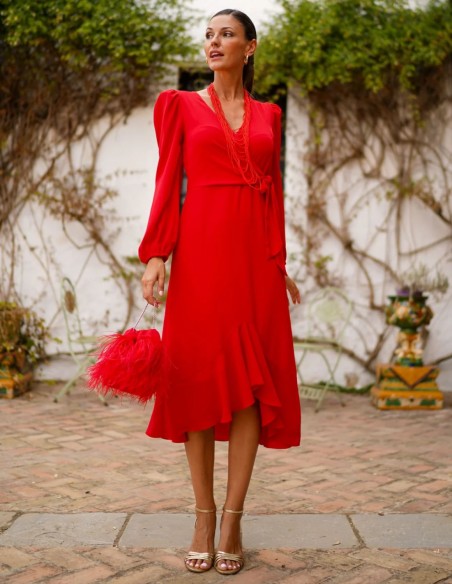 Red midi dress with flowing design and side lacing
