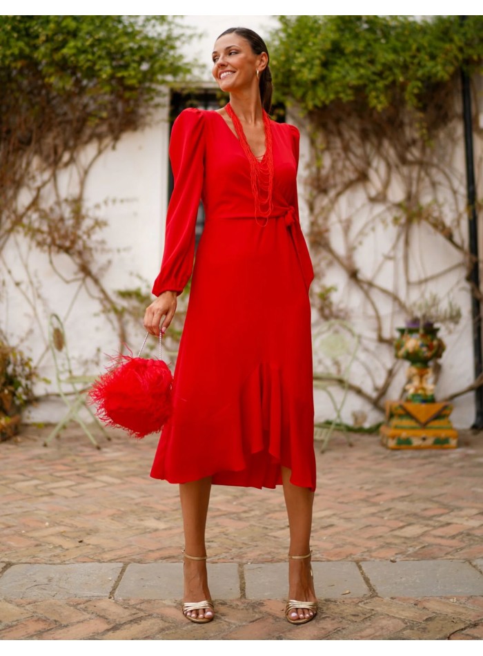 Red midi dress with flowing design and side lacing