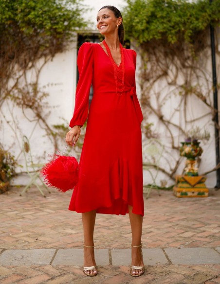 Red midi dress with flowing design and side lacing