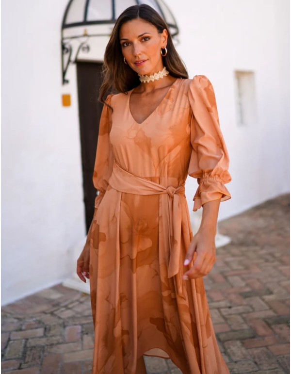 Robe d'invité midi imprimée orange fluide avec lien sur... 2