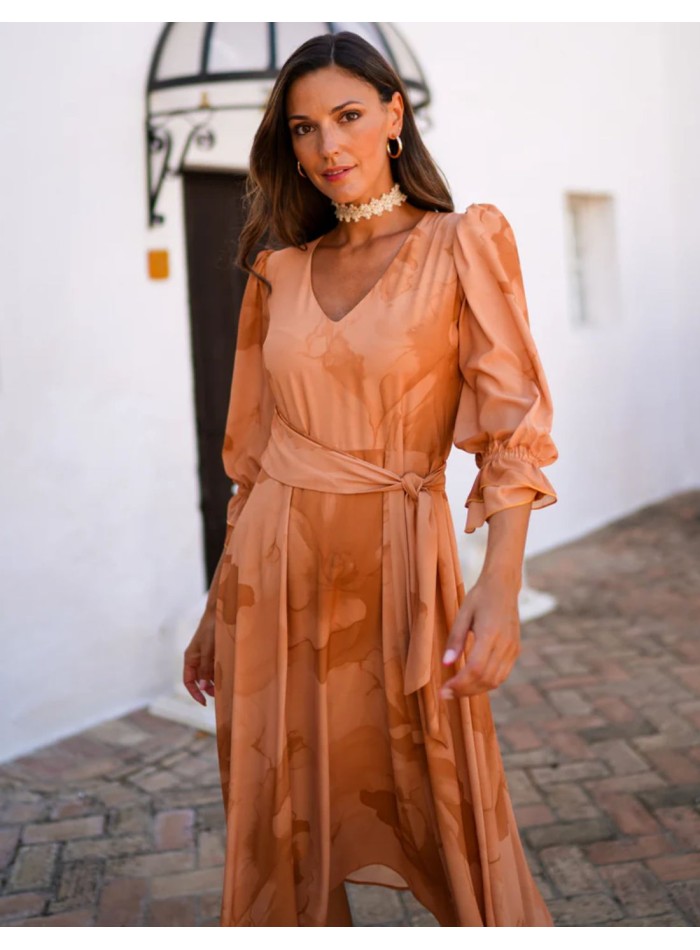 Robe d'invité midi imprimée orange fluide avec...