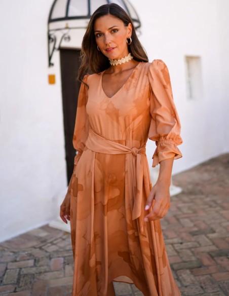 Fluid orange printed midi guest dress with side bow and side tie