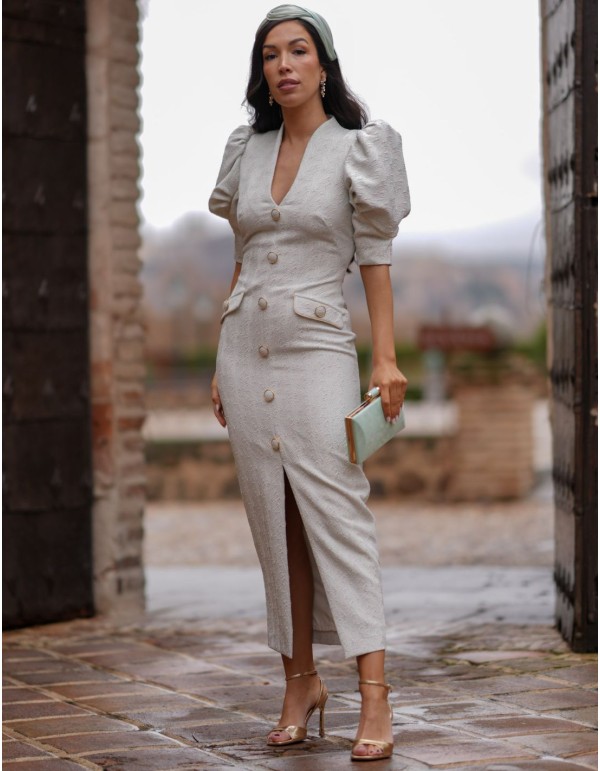 Robe d'invité midi en jacquard avec manches ballon