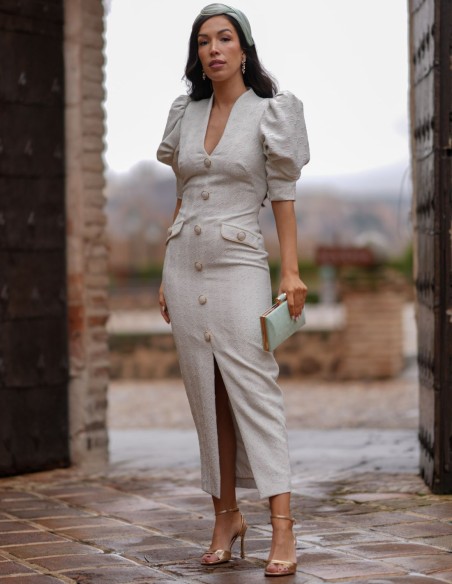 Jacquard midi guest dress with balloon sleeve and jacquard fabric