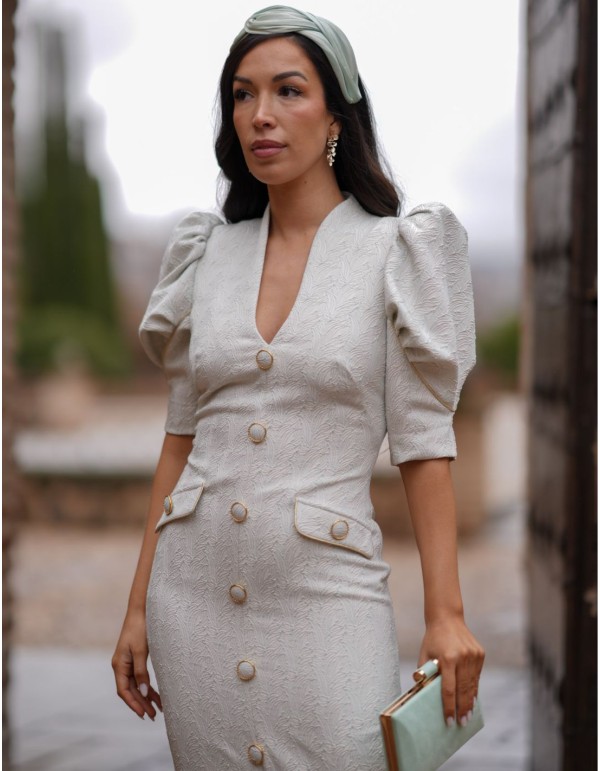 Vestido de invitada con tejido jacquard y manga globo 2