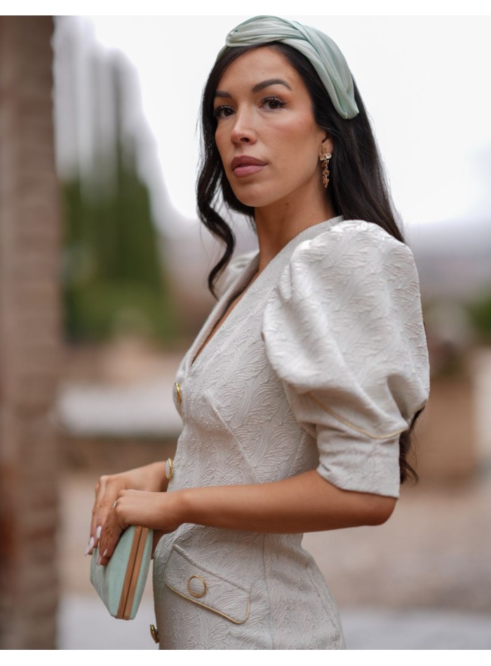 Jacquard midi guest dress with balloon sleeve...