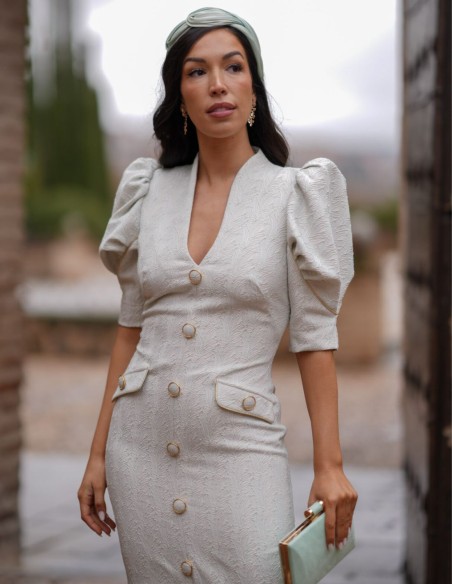 Vestido midi de invitada con tejido jacquard y manga globo