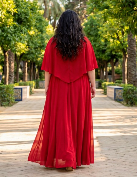 Long Red Guest Dress with Cape and Elegant Brooch
