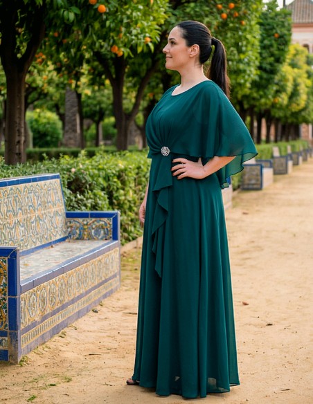 Bottle Green Long Guest Dress with Cape and Brooch