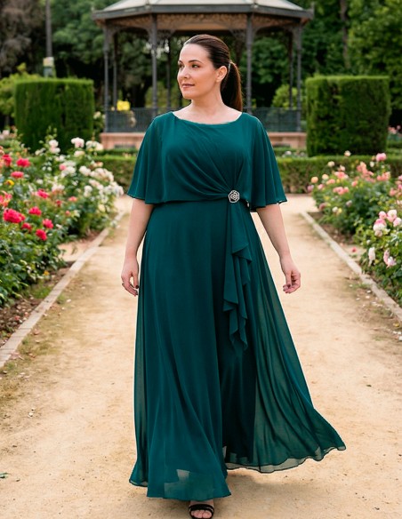 Bottle Green Long Guest Dress with Cape and Brooch