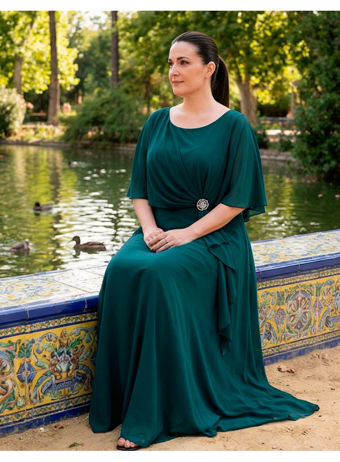 Bottle Green Long Guest Dress with Cape and Brooch