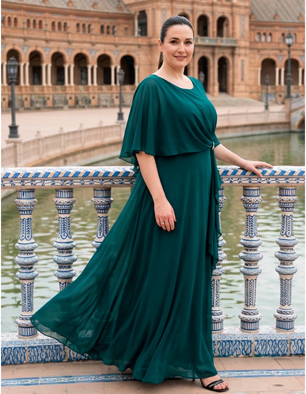 Bottle Green Long Guest Dress with Cape and Brooch