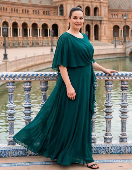 Bottle Green Long Guest Dress with Cape and Brooch