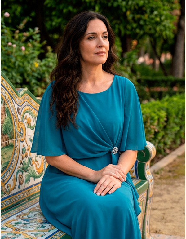 Plus Size Dress Oil Blue with Cape and Brooch 2