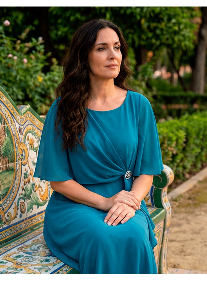 Plus Size Dress Oil Blue with Cape and Brooch