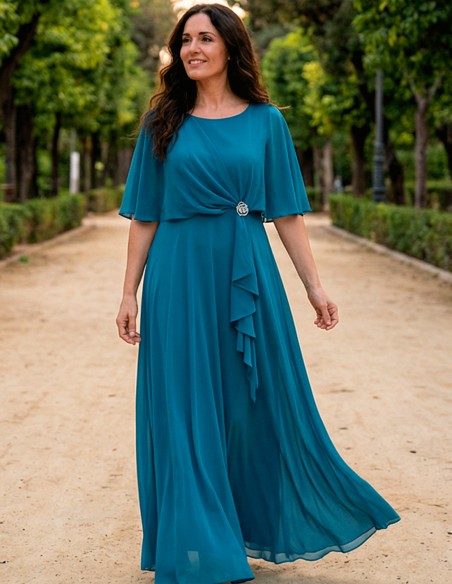 Plus Size Dress Oil Blue with Cape and Brooch