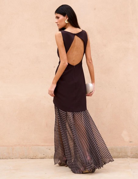 Brown long guest dress with mermaid silhouette and polka dot skirt