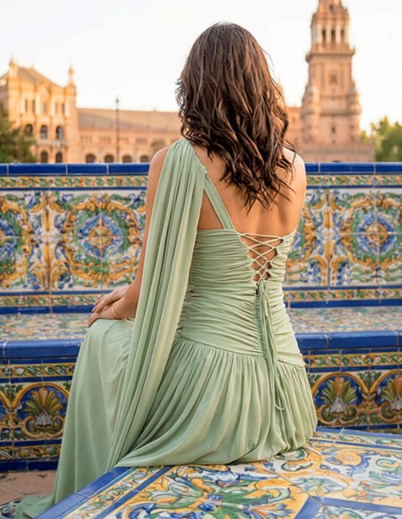 Pastel Green Long Dress with Removable Flower and Adjustable Back