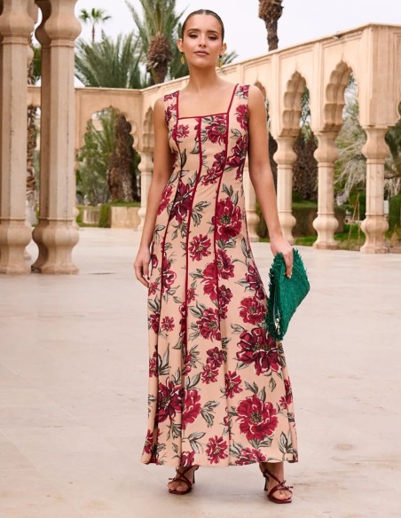 Robe d'invité midi à encolure carrée et imprimé floral Bougainvillea