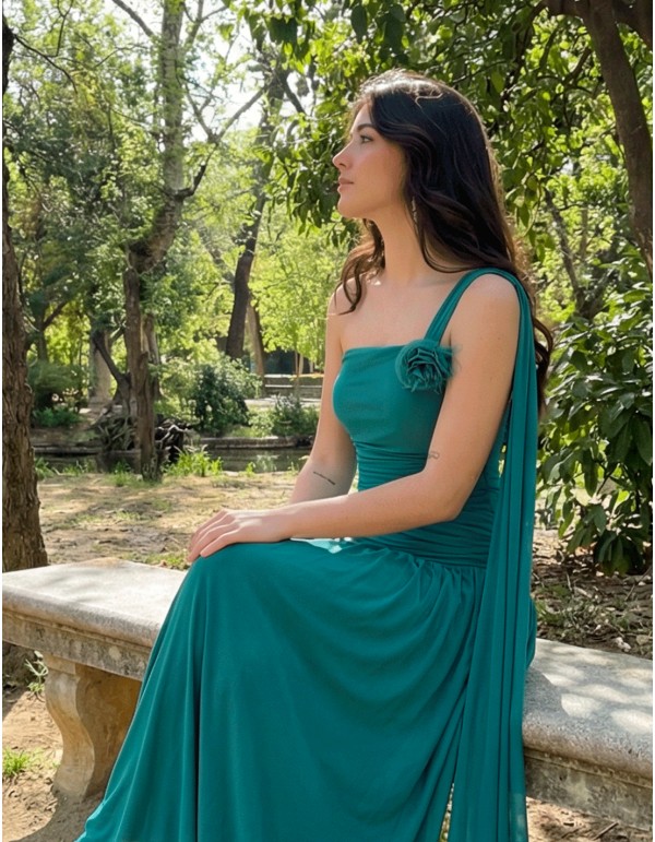 Oil Green Long Dress with Adjustable Back and Flower 2