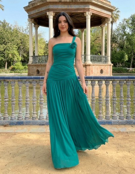 Vestido Largo Verde Petróleo con Flor y Espalda Ajustable