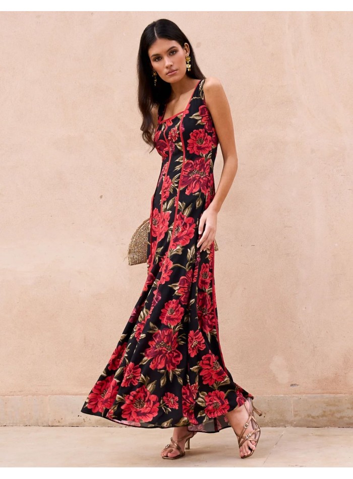 Robe midi d'invité rouge à imprimé floral et...
