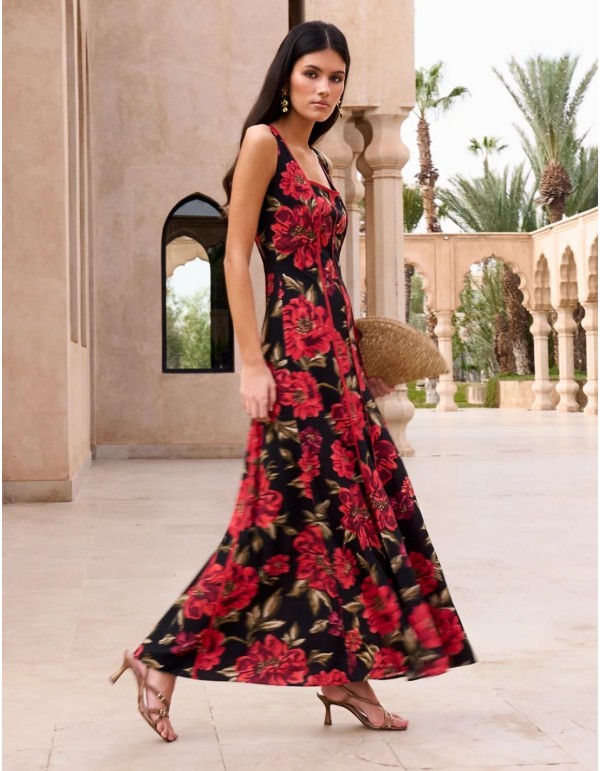 Robe midi d'invité rouge à imprimé floral et encolure carrée 2