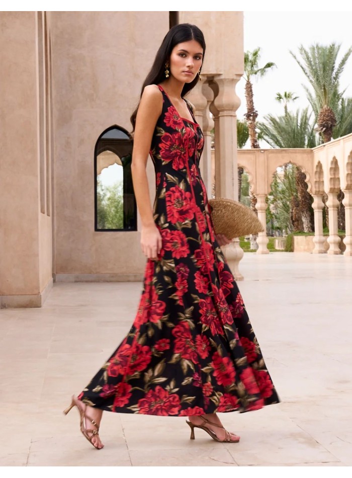 Robe midi d'invité rouge à imprimé floral et...
