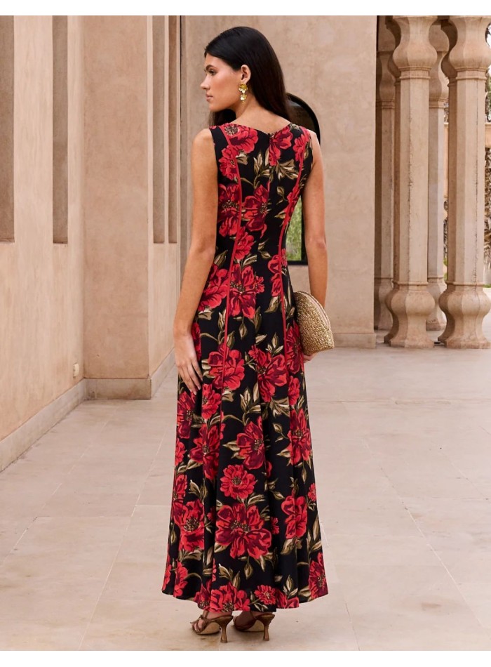Floral print red midi guest dress with square...