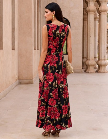 Robe midi d'invité rouge à imprimé floral et encolure carrée