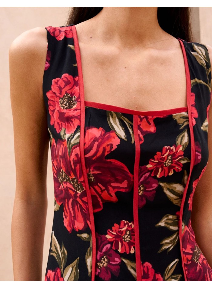 Floral print red midi guest dress with square...