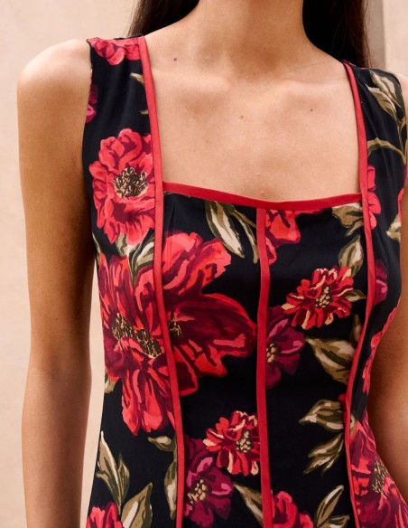 Robe midi d'invité rouge à imprimé floral et encolure carrée