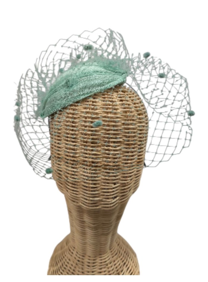 Water green guest headdress with lattice veil