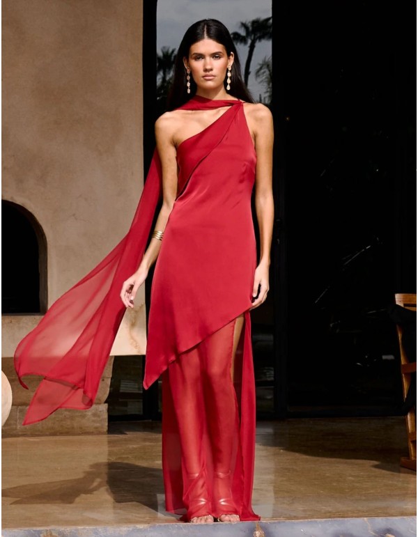 Longue robe d'invité rouge avec encolure asymétrique et...