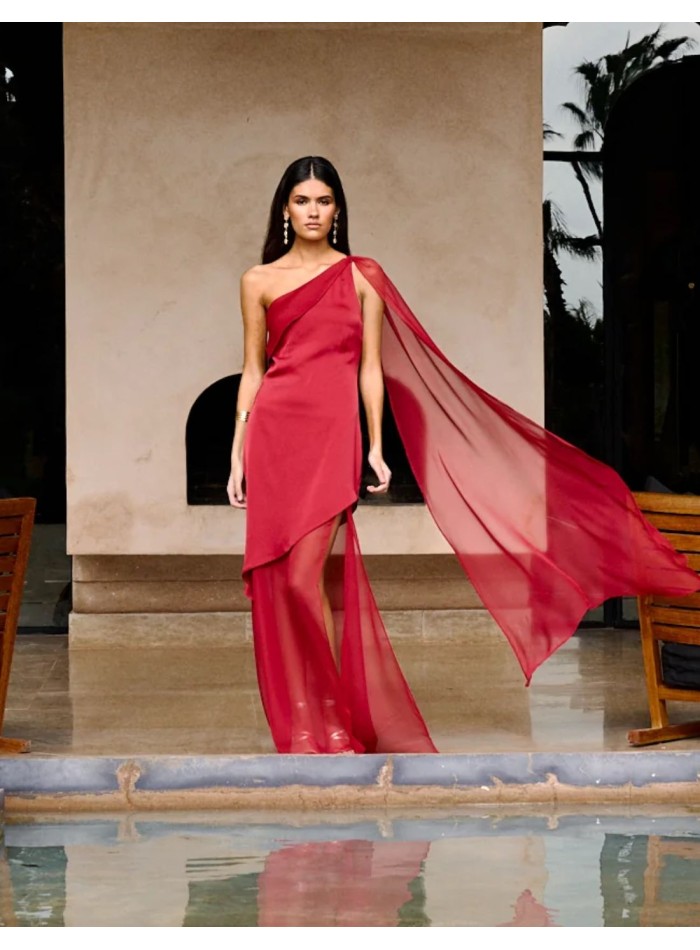 Long red guest dress with asymmetrical neckline...