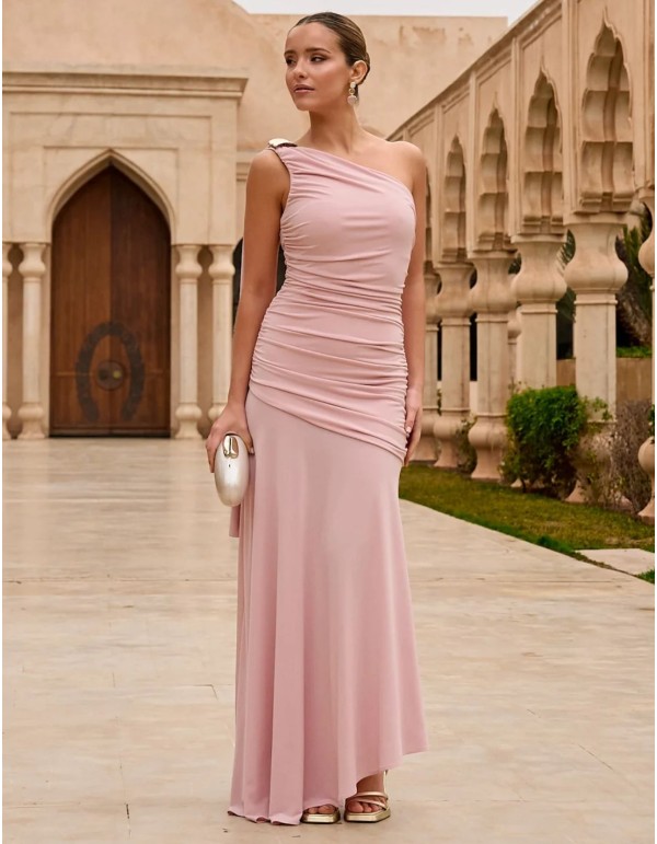 Pale pink long guest dress with asymmetrical neckline and...