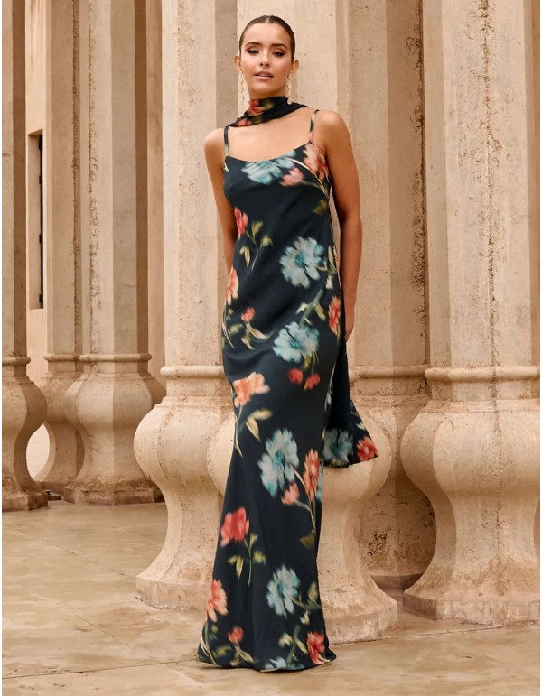 Long blue floral print guest dress with knotted neckline